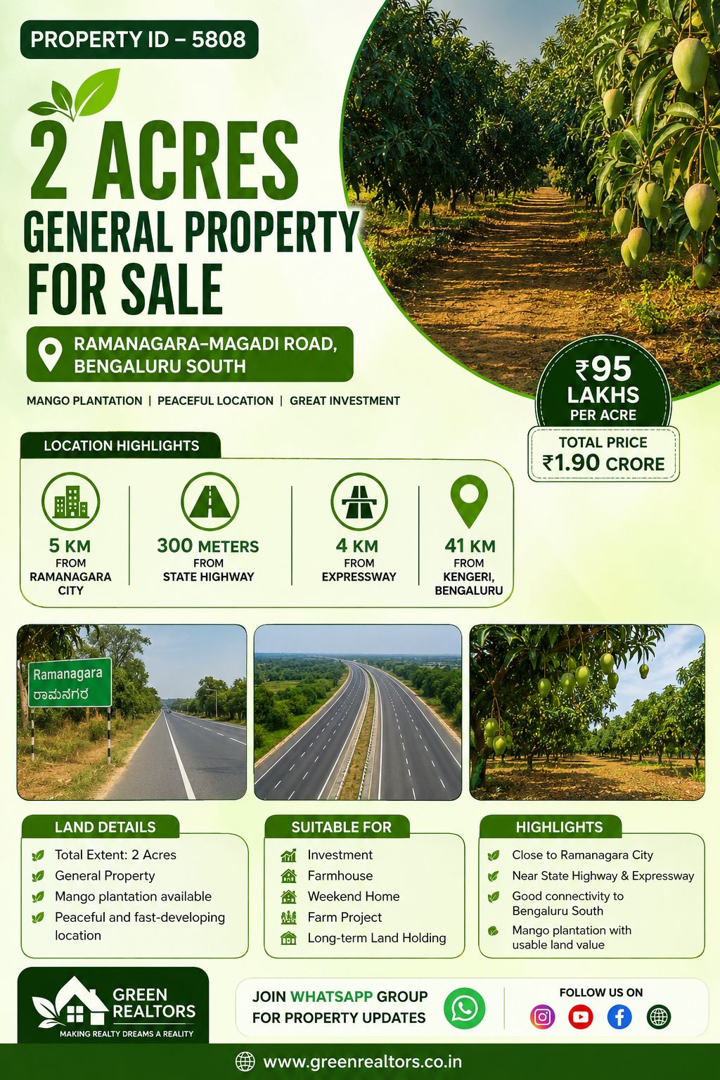 🆔 *PROPERTY ID –5808* 🌿 *2 Acres General Property for Sale – Ramanagara–Magadi Road, Bengaluru South*